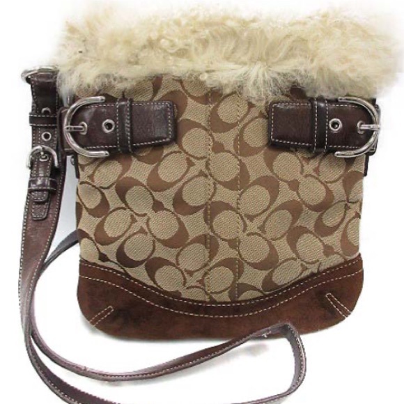 Coach Handbags - Vintage Coach Sig Brown and Khaki with Fur Trim